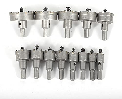 Fraise à carotter TCT - Pointe en métal dur - Scie cloche - Pour bois, plastique, métal - Pour acier inoxydable - Épaisseur de plaque : 2-5 mm - Plaque métallique de 15 mm (13 pièces x 16 à 53 mm)
