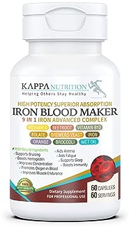 KAPPA NUTRITION Iron 26mg, Vitamin C & Orange 150mg, Folate 667mcg DFE, Vitamin B12, Beetroot, Brewers Yeast, Broccoli & MCT Oil 9 in 1 Advanced Complex (60 Capsules)
