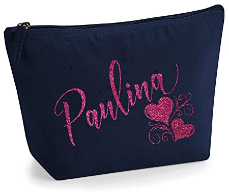 Personalisiert Name Initialen Herz Wirbel Kosmetiktasche Damen Schminktasche für Handtasche Makeup Tasche mit Texturdruck - Rosa Glitzer - S | Marine Blau