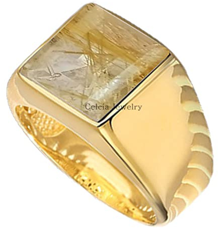 18K Yellow Gold Plated Solid 925 Sterling Silver Ring for Men, Natural Golden Rutiliated Quartz 12MM Gemstone Signet Ring, Unique Handcrafted Ring