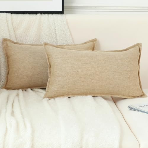 LIGICKY 2er Set Neutrales Leinen Kissenbezug 30x50 cm Beige Dekorative Zierkissenbezüge Rustikales Bauernhaus Boho Wohnkultur Lendenkissen Kissenbezüge Sofakissen für Wohnzimmer Couch Auto