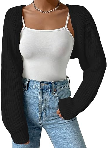 Fuimsul Women Open Front Ribbed Knit Crop Bolero Drop Shoulder Long Sleeve Solid Loose Fit Knitted Crop Cardigan Shrug Black