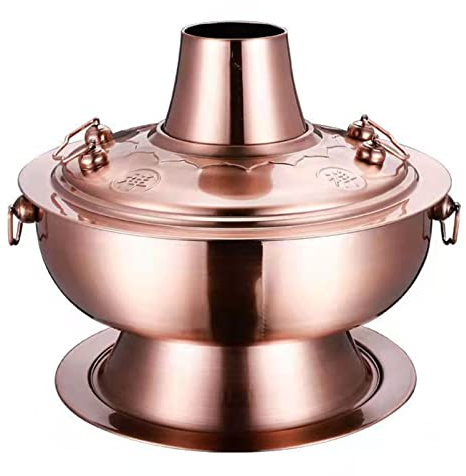 Charcoal Shabu Copper Hot Pot Stainless Steel Traditional Charcoal-Heated Soup Boiler, Outdoor Cookware Picnic Stove Cooking Pot, Stew Pot Cheese Fondue for Home Restaurant Party(Bronze,Diameter 30CM