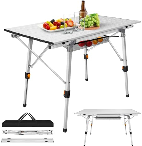 HSHa Aluminium Klapptisch, Campingtisch Kappbar 90 x 52 cm, Rolltisch Höhenverstellbar 45cm/68cm, Campingtisch für 4 Personen, Tragbarer Gartentisch für Garten BBQ Catering Party