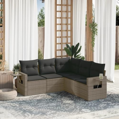 THOYTOUI 5-TLG. Garten-Sofagarnitur, Balkon Lounge Gartengarnitur Set Balkonmöbel Set Gartenlounge Outdoor Geeignet für Garten Terrasse Veranda Balkon mit Kissen Grau Poly Rattan