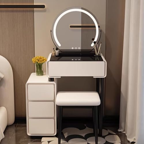 Toilette Trucco con Sgabello,Specchio Trucco con Luci,Postazione Trucco con 1 Cassetti,Piano in Vetro Trasparente,con Illuminazione a 3 Colori Luminosità Regolabile,Tavolo da Toeletta per Camera da Le