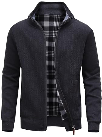 MeiLayM Herren Fleecejacke Strickjacke Cardigans mit Reißverschluss Strickjacke Stehkragen Herbst Winter Cardigan Freizeitjacke Feinstrick Warm Sweatjacke Schwarz,L