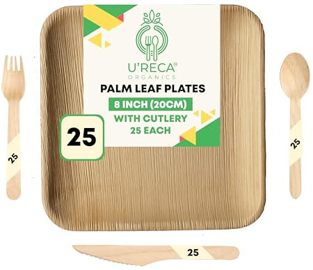 Service de table écologique | Assiette carrée de 20,3 cm (20 cm) + couverts en bouleau (fourchette, couteau, cuillère) – Lot de 100 | Jetable, compostable et biodégradable | Parfait pour les réunions