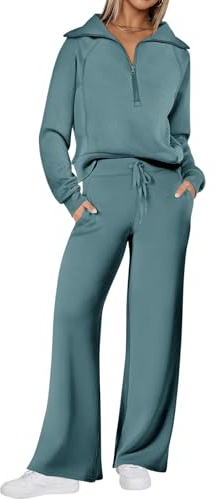 REORIA Damen Baumwolle Reißverschluss Revers Trainingsanzug Jogginganzug Zweiteiler Elegant Langarm Hausanzug Sport Set Lounge Set Grau Grün XXL
