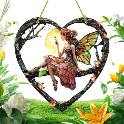 Acryl-Feen-Sonnenfänger, Buntglas-Ornament | Herzförmige Fenster-Wanddekoration – Zauberhafte Feen-Dekoration für Wohnzimmer und Schlafzimmer, perfekt als Heimdekoration und Geschenk