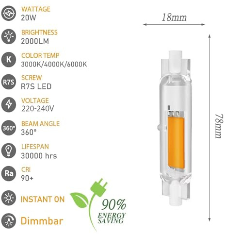 Dvnoua R7S LED 78mm Dimmbar | R7S LED 78mm 20W Lampen Ersatz für 200W Halogenlamp Glühbirne, Warmweiß 3000K 2000LM, Kein Flackern, 360°Abstrahlwinkel Leuchtmittel, 2PCS