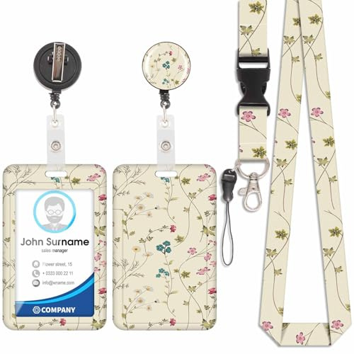 Bonito tarjetero floral, tarjetero de identificación, cordón desmontable con clip retráctil para llaveros, tarjetas de visita, tarjetas de puerta, tarjetas de identificación, etc.