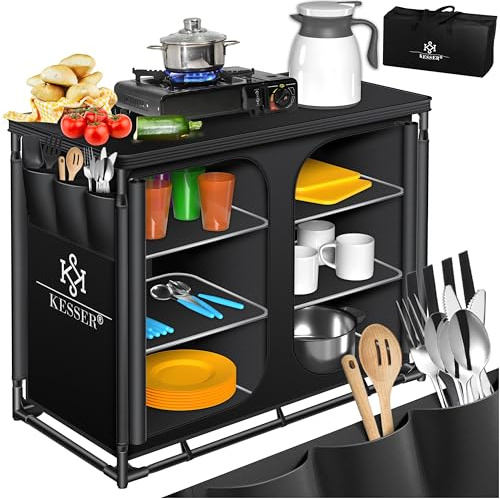 KESSER® Cucina da campeggio, con borsa per il trasporto e set di bicchieri, armadietto da campeggio pieghevole, con struttura in alluminio, da viaggio, da cucina, da campeggio, per esterni, colore