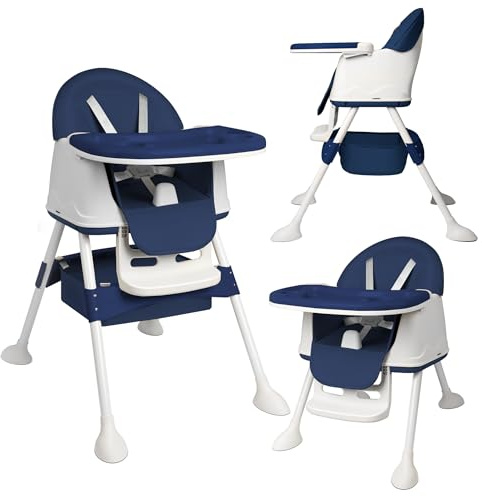 FIVMEN Hochstuhl Baby 3 in 1 Kinderhochstuhl Tischsitz Verstellbar mit Doppeltablett, Rollen und Korb Kinderstuhl Babyhochstuhl Ab 6 Monaten, Blau
