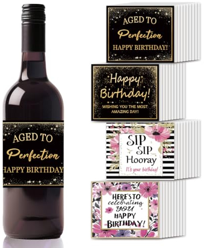 SUPERDANT 40 Stück Weinflaschen Etikettenaufkleber Happy Birthday In Schwarz Und Gold Selbstklebendes Weinflaschenetiketten Dekoration Für Geburtstagsparty Jahrestag Babyparty Geschenk 8.5x10.2cm