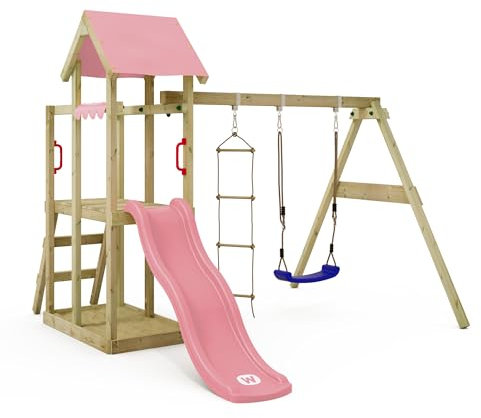 WICKEY Spielturm Klettergerüst TinyPlace mit Schaukel & Rutsche, Outdoor Kinder Kletterturm mit Sandkasten, Leiter & Spiel-Zubehör für den Garten (pastellpink)