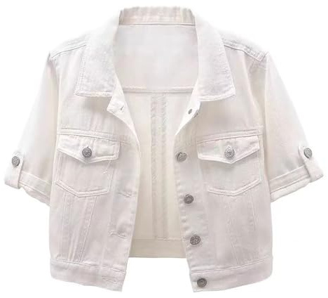 Giacca di jeans a maniche corte da donna corta giacca di jeans blu chiaro cardigan estivo cardigan lungo da donna giacca di jeans giacca di tela taglie forti cardigan estivi lunghi, bianco, L