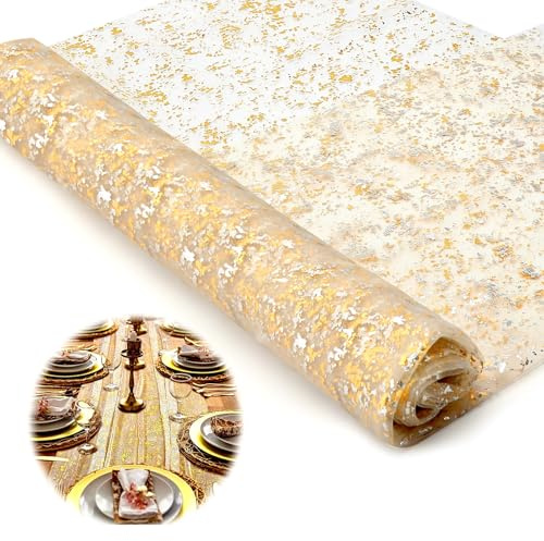 ZMDMAH Chemin de Table Doré, 70 x 300 cm Chemin De Table Filet avec Feuille d'or, Décoration de Table d'anniversaire Ruban De Table Métallisé Fleuri Paillettes Transparentes pour Mariage Fête DIY