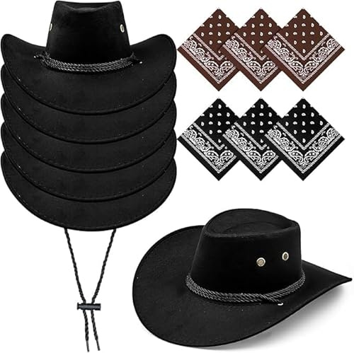 ASMIZ 6er-Pack Schwarze Cowboyhüte und Halstücher-Set – Cowgirl-Hut mit verstellbarem Zugband, Western-Kostüm für Fasching, Karneval, Party und Bühnenauftritte