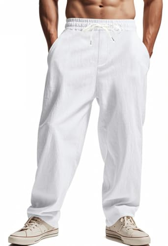 OLIPHEE Pantalon Lin Homme Taille Elastique Pants Ample Fluide Pantalon Sport Homme avec Cordon de Serrage et Poches Décontracté Respirant Léger Plage Yoga