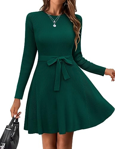HOTOUCH Robe pull décontractée à manches longues pour femme - Robe moulante en tricot avec ceinture - Tailles S à XXL, Vert, L