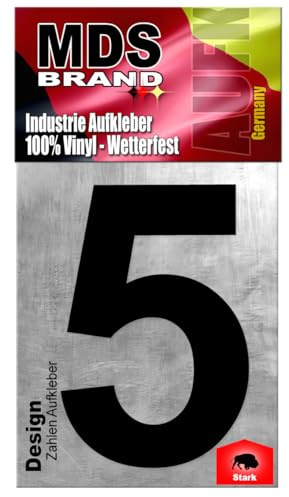 MDS Brand Design 20cm Zahlen Aufkleber | Selbstklebende Hausnummern zum aufkleben | Klebezahlen für Mülltonne, Briefkasten, Hausnummer & Auto | Optimal für Außen & Innen (Schwarz, 5)