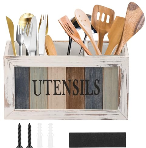 VAVPUP Porte-ustensiles de cuisine avec 3 compartiments, robuste, style vintage, en bois massif, 29,5 x 12 x 17 x 15,5 cm, panier à couverts multifonction pour le comptoir de cuisine, décoration de