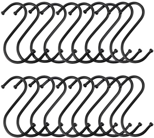 VISTTUSWILL 20-Pack Stainless Steel S-Hooks, Black | Heavy-Duty Metal S-Hooks for Hanging Clothes, Towels, and Meats Large Size