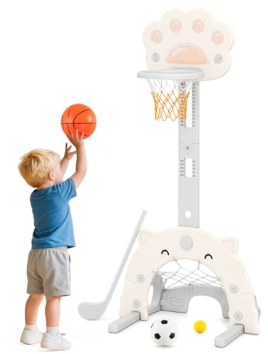 COSTWAY Kids Basketball Hoop, 3 in 1 Toddler Sports Activity Center with Detachable Hoop, Football Goal, Golf, Height Adjustable Basketball Stand for Boys Girls Ages 3+ (Grey+White)