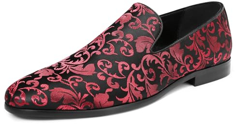 YFFUSHI Mockasiner för män lyx broderade låga loafers komfort slip-on platta skor för bröllop ceremoni, Röd röd, 41 EU