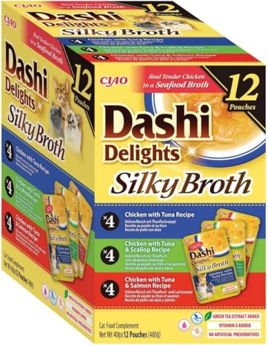 INABA Dashi Delights Katzenfutter Nass mit 93% Feuchtigkeit und Echtes Hühnerfleisch in Silky Broth, Köstliche Katzenleckerlis die Ihre Katze mit Flüssigkeit versorgen 40 g (12er Pack)