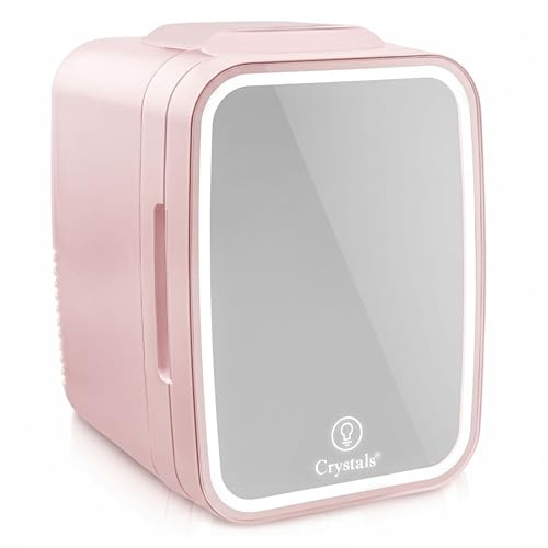Crystals 4L Mini Fridge with LED Mirror – Portable Cooler & Warmer for Bedroom, Skincare, Makeup, Office, Car & Travel – Beauty Cosmetic Fridge with Dual Power Plugs (12V DC & 220-240V AC) (Pink)