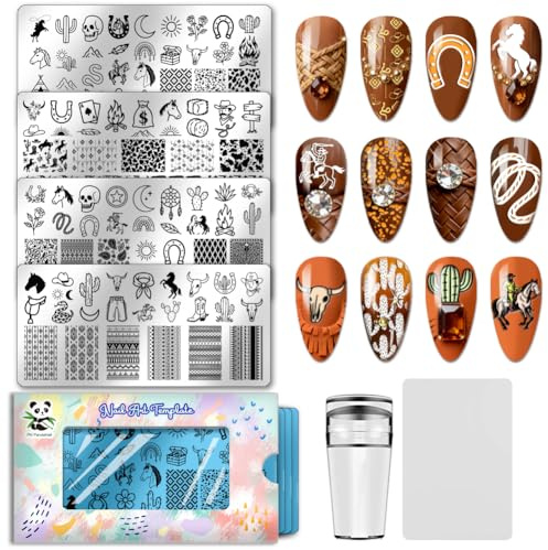 PH PandaHall 4 modelli di stampaggio per unghie con elementi bohémien, cowboy, cowboy, stivaletto, cavallo, tema rodeo, in acciaio inox, per donne, stampe, manicure, design da salone
