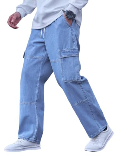 Oanviso Jeans de Ajuste Relajado de Hombre Cargo Pantalones Vaqueros Holgados Denim Jean Y2K Hip Hop Pantalone con Bolsillos Elasticos Pantalón B Azul Claro M