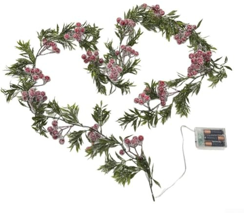 Aprilsunnyzone Ghirlanda con bacche rosse e foglie verdi di agrifoglio con 20 luci LED a batteria, per interni ed esterni (1 pz)