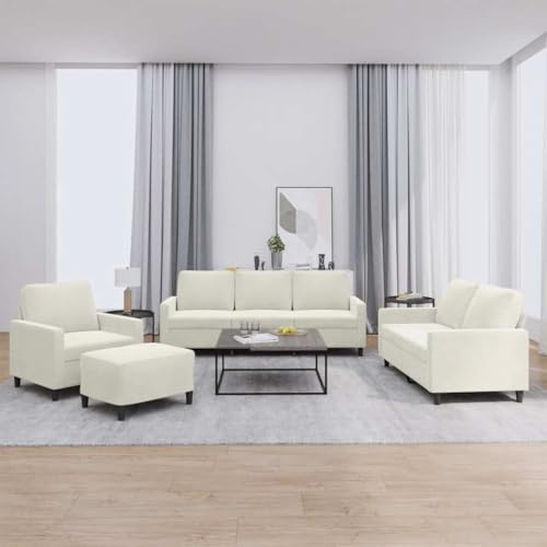 WDGJJFECNMUEHI Moderne 4-TLG. Sofagarnitur Creme Samt mit Kissen, bequemes Wohnzimmer Set inkl. Sessel, 2-Sitzer, 3-Sitzer und Hocker für gemütliches Entspannen, Fernsehen, Gästeempfang