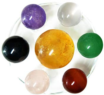 Juego de 7 Bolas de Cristal de Chakra Natural con Soporte, Hechas de calcita Amarilla, obsidiana Negra, Cuarzo Rosa, Cuarzo Transparente, aventurina Verde, Amatista y esferas de ágata roja