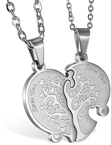 JewelryWe Valentinstag Schmuck 2 Freundschaftsketten mit Gravur, Edelstahl Herz Partner Anhänger Halskette mit Gravur Love You Baum des Lebens, Paar Kette für Damen Herren, Silber
