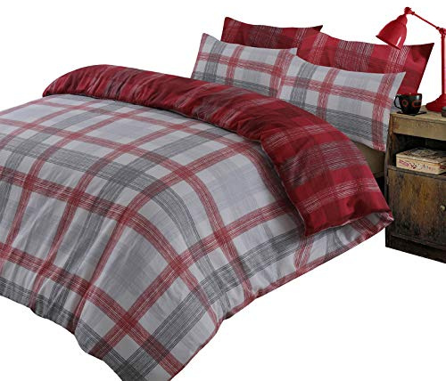 Dreamscene Boston Check Duvet Cover with Pillow Case 100% Brushed Cotton Flannelette Reversible Tartan Bedding Set, Red Grey Silver, King