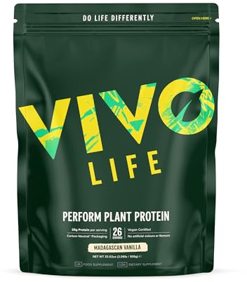 Vivo Life Perform Pflanzliches Proteinpulver | 25 g Protein mit BCAAs | Eisen, Zink, Kurkuma & pflanzlichem Enzymkomplex | Laktosefrei & leicht verdaulich | Vanille – 26 Portionen