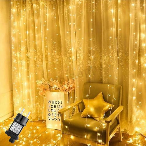 GlobaLink Lichtervorhang Warmweiß 2m x 3m, 300 LEDs mit Stecker | IP44 wasserdicht LED Lichtervorhang erweiterbar für Zimmer, Hochzeit, Fenster und Weihnachten, Innen- und Außengebrauch