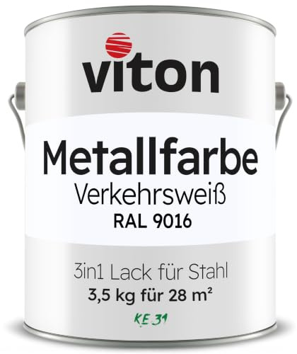 Viton Metallfarbe 3,5 Kg - 3in1 Metallschutzlack - RAL 9016 Verkehrsweiss | Hohe Deckkraft, Tropffrei, Korrosionsschutz, Grundierung, auf Rost streichbar
