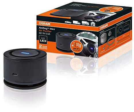 OSRAM AirZing Mini; Purificatore D'aria Per Auto Con Presa USB, Ionizzatore, Distrugge Virus E Batteri Nel Veicolo Fino Al 99%, Filtro TiO2 High-tech + Luce LED UVA