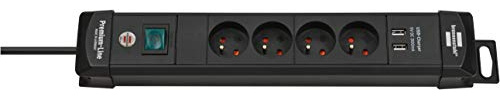 Brennenstuhl Premium-Line Steckdosenleiste mit 4 Steckdosen (USB Steckdosenleiste mit 1,8m Kabel und Ausschalter, aufhängend mit 2 USB 3.1 A, Made in Germany) französisches Stecksystem