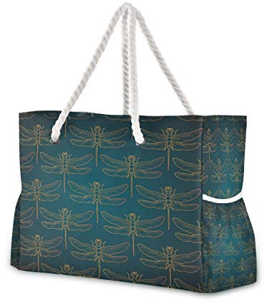 Strandtasche mit Baumwollseil-Griffen, Libelle Insekt Gold Vintage Romantische Fliese Luxus Schultertasche Strand Tote Bag Top Reißverschluss Mehrere Außen- & Innentaschen