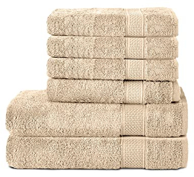 Komfortec 6er Handtuch Set aus 100% Baumwolle, 2er Badetücher 70x140 cm und 4er Handtücher 50x100 cm, Frottee, Weich, Sand/Beige