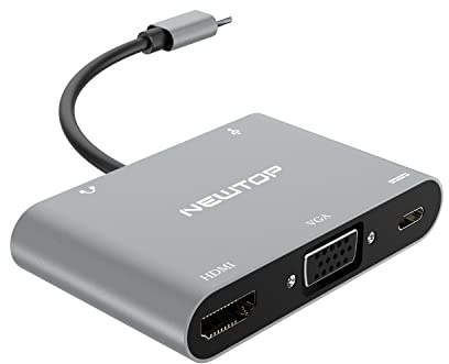 N NEWTOP Adattatore AD28 Convertitore 5in1 Hub Multiporta Type-C, VGA, Porte HDMI 4K, USB, PD 67W, USB C 3.0, Jack 3.5mm AUX Ricarica Rapida Video Dati Caricabatterie per Laptop Notebook Computer