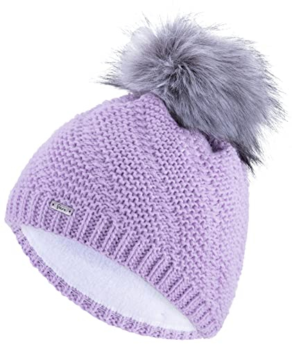 Faera Wintermütze Mütze Damen warm gefüttert Kunstfell Bommelmütze Fleecefutter Winter Herbst Strickmütze Beanie Mädchen 64, Farbe:Flieder