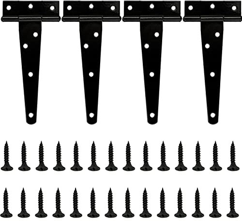 LAMXD 4 Pcs T Hinges, T-Strap Hinges, Metal Heavy Duty Gate Hinges, Tee Hinges with Screws for Sheds, Windows, Fence, Barn Gates Supplies (Black,6 Inch)