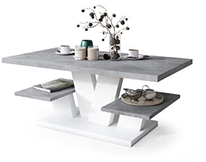 All4All Couchtisch Valerio - Wohnzimmertisch - Kaffeetisch – Tisch mit Ablagen - Esszimmertisch - Coffee Table - 110x60cm - 05 - Beton + Weiß